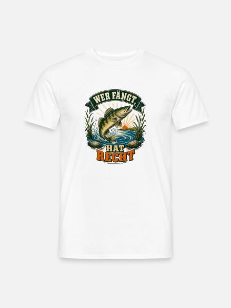 Wer fängt, hat Recht – Angler Spruch - Männer T-Shirt - Weiß