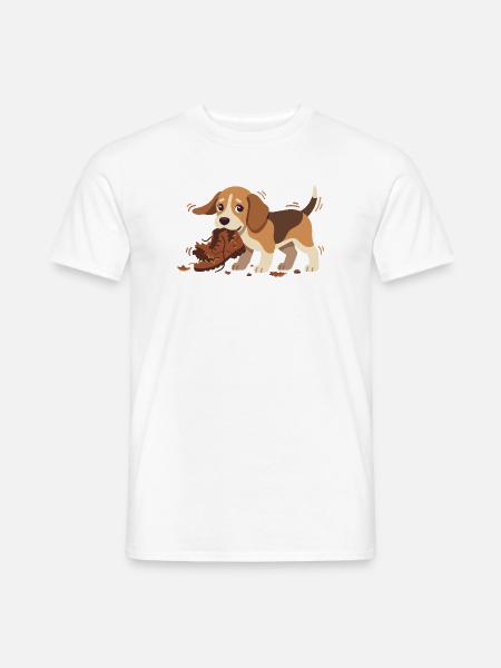 Beagle-Spielmotiv: Hund knabbert Schuh - Männer T-Shirt - Weiß