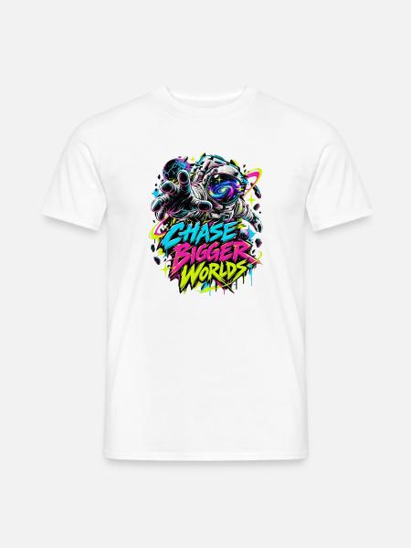 Chase Bigger Worlds – Neon Astronaut - Männer T-Shirt - Weiß