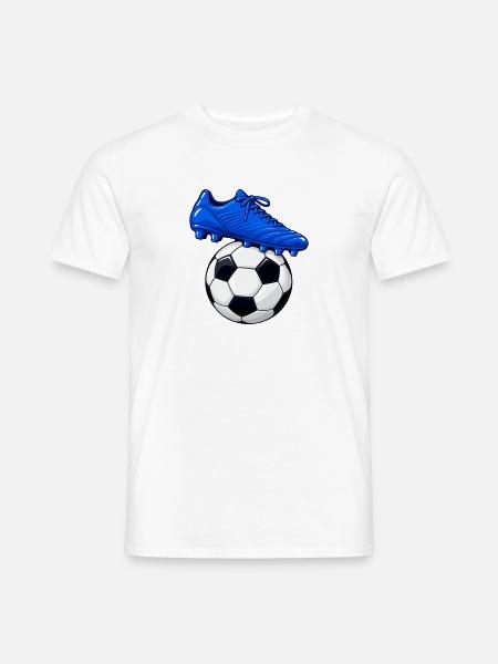 Blauer Fußballschuh und Fußball - Männer T-Shirt - Weiß