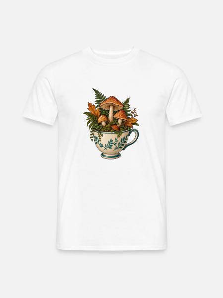 Pilzwald in einer Teetasse mit Farn und Herbstlaub - Männer T-Shirt - Weiß