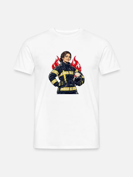 Feuerwehrfrau mit Helm und Flammen - Männer T-Shirt - Weiß