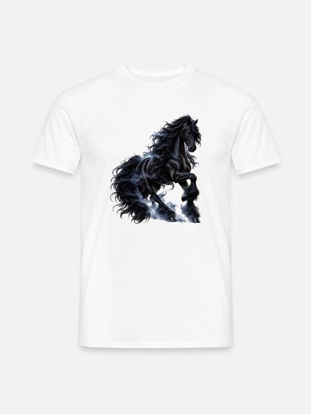 Majestaetischer_schwarzer_Friesenhengst_im_Nebel - Männer T-Shirt - Weiß