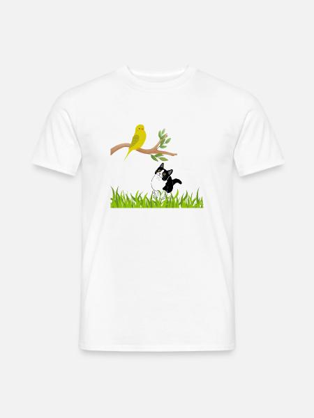 Sonniger Singvogel und Neugierige Katze - Männer T-Shirt - Weiß