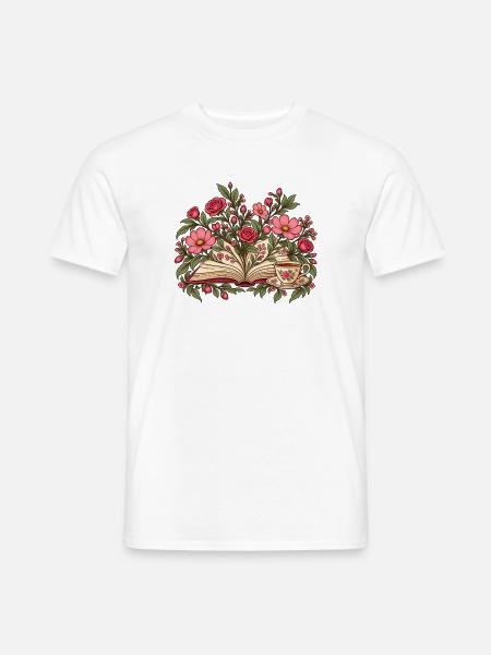Blumenbuch mit Tee – botanische Leseillustration - Männer T-Shirt - Weiß