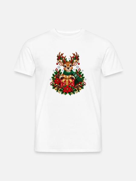 Rentier mit Geschenk im Weihnachtsglanz - Männer T-Shirt - Weiß