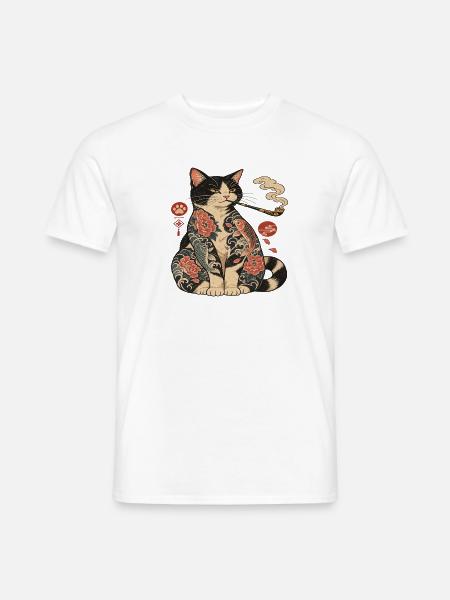Katzentattoo mit Koi-Blüten - Männer T-Shirt - Weiß