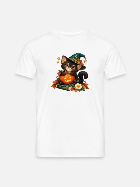 Halloween-Katze mit verzaubertem Kürbis - Männer T-Shirt - Weiß