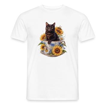 Schwarzer Kater in Teetasse mit Sonnenblumen - Männer T-Shirt - Weiß - Vorne - AI Model Male 178 dark (178cm)