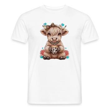 Hochlandrind Kalb mit Schleife und Kaffee - Männer T-Shirt - Weiß - Vorne - AI Model Male 178 dark (178cm)