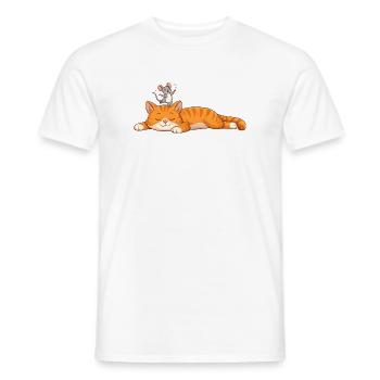 Sleeping cat with cheerful mouse - Men's T-Shirt - white - Front - AI Model Male 178 dark (178cm)