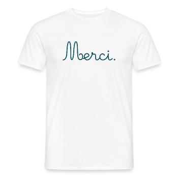 MERCI. THANKS. THANK YOU. ANNIVERSAIRE. NAISSANCE. - T-shirt homme - blanc - Devant - AI Model Male 178 dark (178cm)