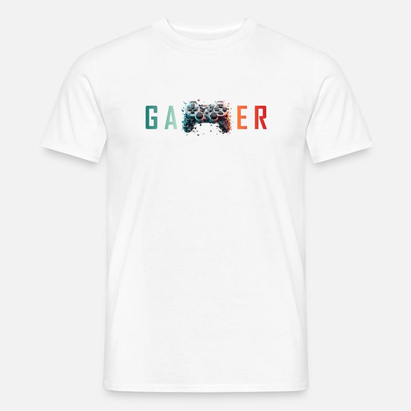 Gamer Schriftzug bunt Controller Splatter - Männer T-Shirt - Weiß