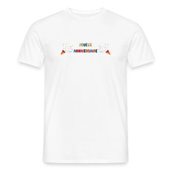 ANNIVERSARY. HAPPY BIRTHDAY. HAPPY BIRTHDAY. - Men's T-Shirt - white - Front - AI Model Male 178 dark (178cm)