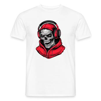 Skull in Red Hoodie with Headphones - Men's T-Shirt - white - Front - AI Model Male 178 dark (178cm)