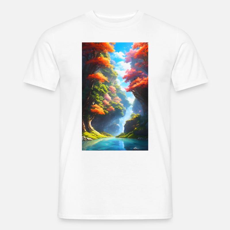 Üppiger & bunter Anime-Fluss mit Bäumen - Männer T-Shirt - Weiß