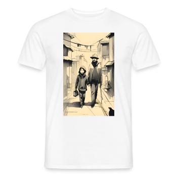 Croquis à l’encre de rue père et fille - T-shirt homme - blanc - Devant - AI Model Male 178 dark (178cm)