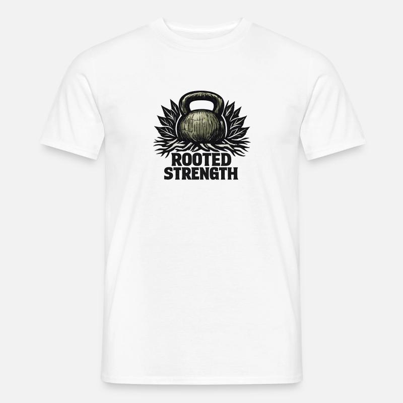 Rooted Strength: Eco-Primal Kettlebell Design - Männer T-Shirt - Weiß