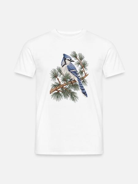 Blauer Eichelhäher auf Kiefernzweigen - Männer T-Shirt - Weiß