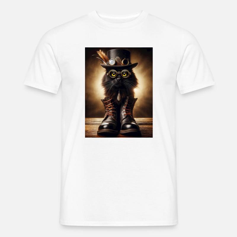 Steampunk Black Cat mit stylischen Accessoires - Männer T-Shirt - Weiß