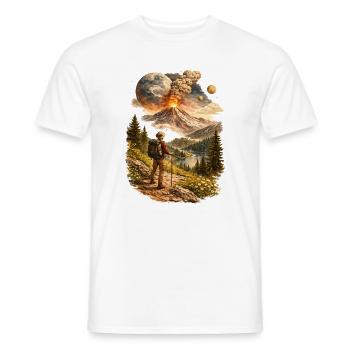 Hikers in front of erupting volcano and strange world - Men's T-Shirt - white - Front - AI Model Male 178 dark (178cm)