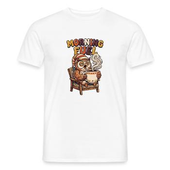 Tired owl with coffee - Men's T-Shirt - white - Front - AI Model Male 178 dark (178cm)