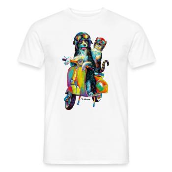 PD Moreno Cat And Dog On Scooter - Men's T-Shirt - white - Front - AI Model Male 178 dark (178cm)