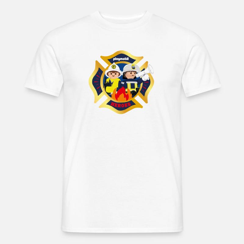Emblema del cuerpo de bomberos de Playmobil y bomberos - Camiseta hombre - blanco