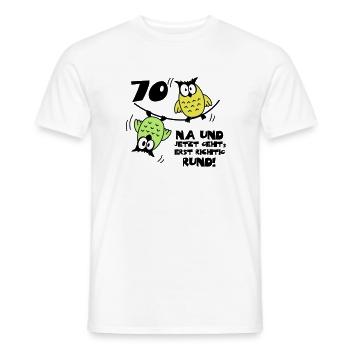 70 birthday, owls on the wire rope, round - Men's T-Shirt - white - Front - AI Model Male 178 dark (178cm)