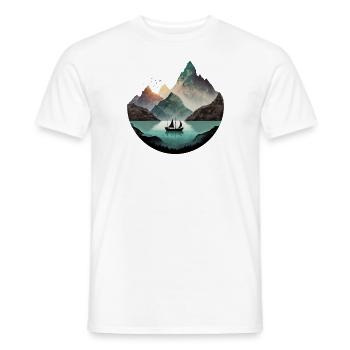 Boat on calm lake in the mountains - Men's T-Shirt - white - Front - AI Model Male 178 dark (178cm)