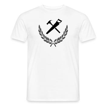 Marteau et scie dans la couronne de laurier logo du charpentier - T-shirt homme - blanc - Devant - AI Model Male 178 dark (178cm)