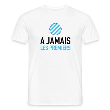 Supporter OM - A jamais les premiers - T-shirt homme - blanc - Devant - AI Model Male 178 dark (178cm)