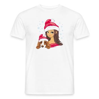 Mädchen mit einem Cockerspaniel-Hund in Weihnachtsmützen - Männer T-Shirt - Weiß - Vorne - AI Model Male 178 dark (178cm)