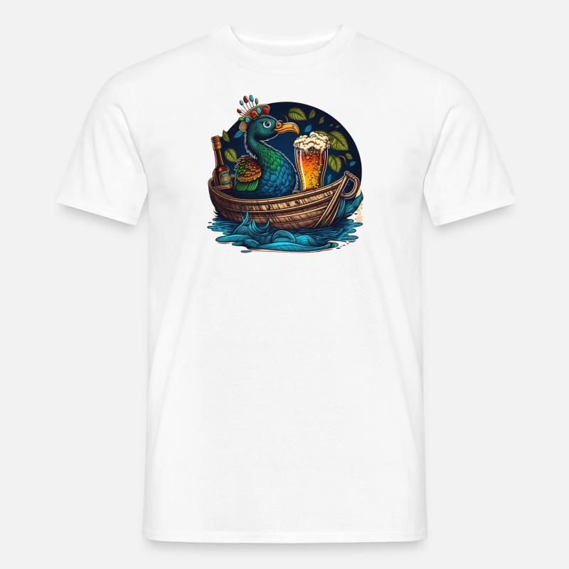 Pfau im Boot mit Bierglas - Männer T-Shirt - Weiß