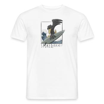 Stoked, Beaches! Surfer crow raven on wave - Men's T-Shirt - white - Front - AI Model Male 178 dark (178cm)