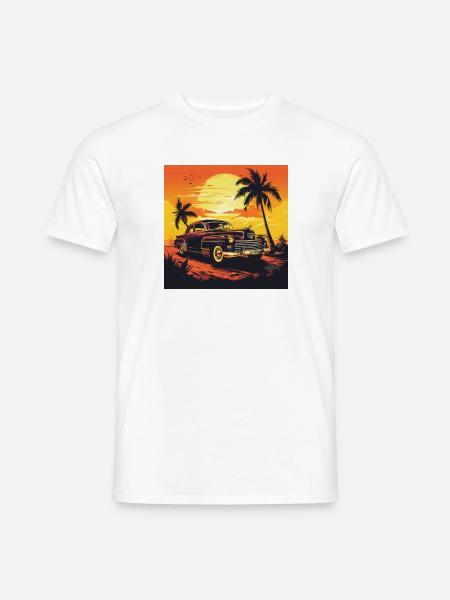 Sonnenuntergang Retroauto am Palmenstrand - Männer T-Shirt - Weiß