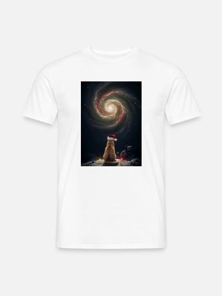 Weihnachtskatze vor der Galaxie - Männer T-Shirt - Weiß