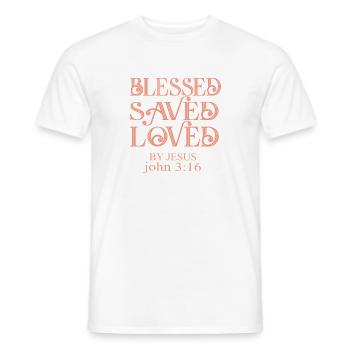 BLESSES SAVED AND LOVED BY JESUS - T-shirt homme - blanc - Devant - AI Model Male 178 dark (178cm)