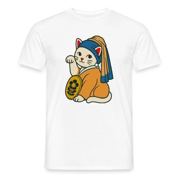 The Kitten with a Purrl Earring – Maneki Neko - Men's T-Shirt - white - Front - AI Model Male 178 dark (178cm)