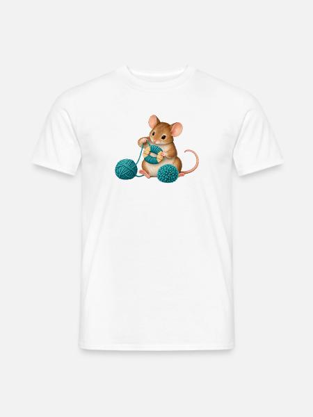 Maus wickelt einen Wollpompon - Männer T-Shirt - Weiß