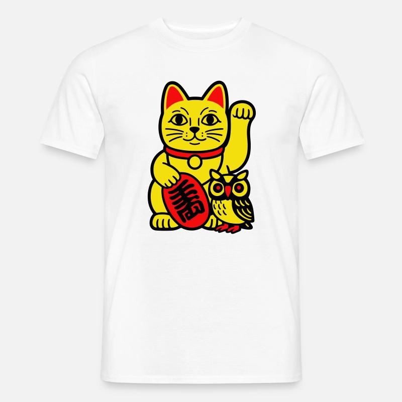 Glückskatze mit kleiner Eule - Männer T-Shirt - Weiß