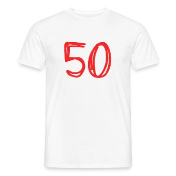 50 YEARS. 50th ANNIVERSARY. BIRTHDAY 50 YEARS. 50 - Men's T-Shirt - white - Front - AI Model Male 178 dark (178cm)