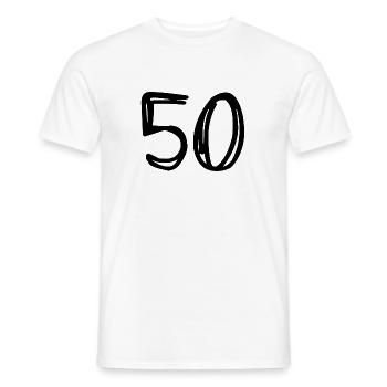 50 YEARS. 50th ANNIVERSARY. BIRTHDAY 50 YEARS. 50 - Men's T-Shirt - white - Front - AI Model Male 178 dark (178cm)