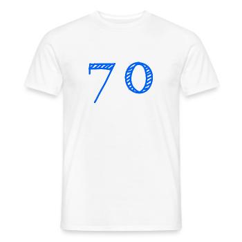 70 YEARS. 70th ANNIVERSARY. ANNIVERSARY 70 YEARS. 70 - Men's T-Shirt - white - Front - AI Model Male 178 dark (178cm)