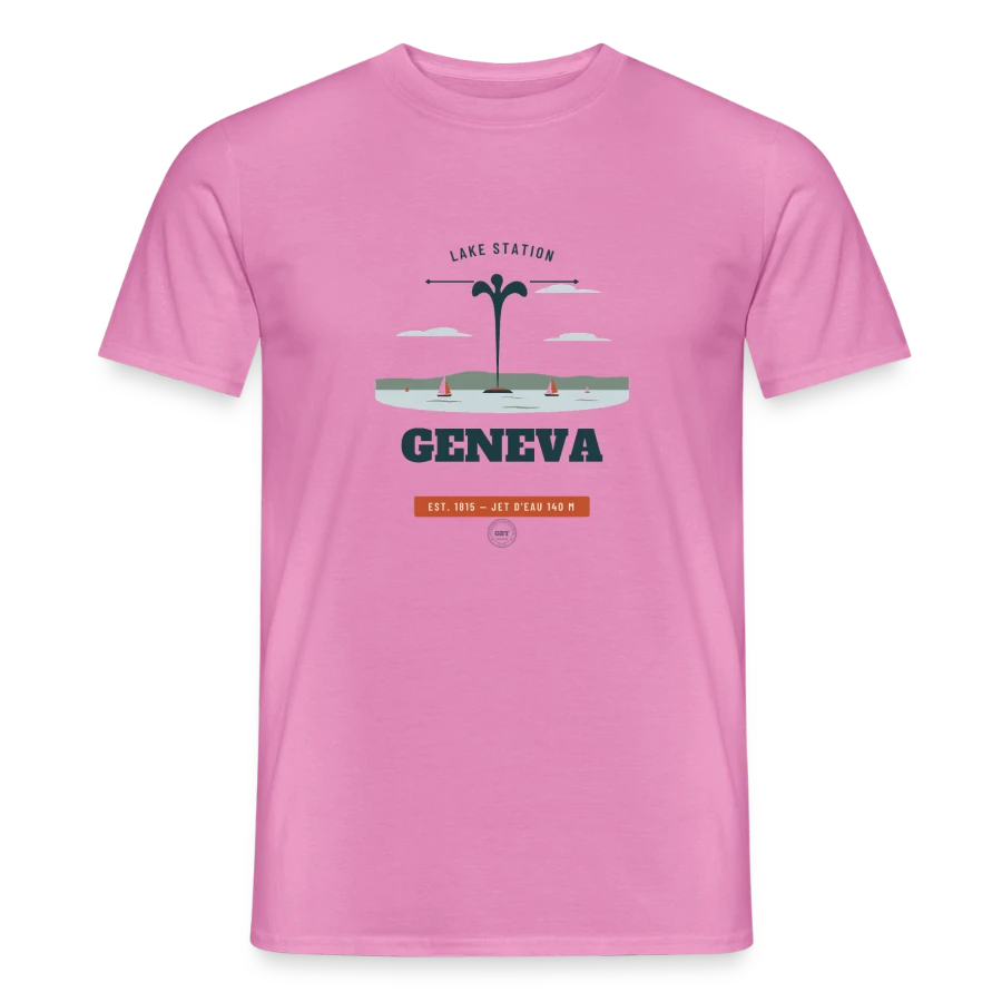 Geneva badge on a men's t-shirt, pink