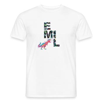 EMIL - Beautiful boy name with dinosaur - Men's T-Shirt - white - Front - AI Model Male 178 dark (178cm)