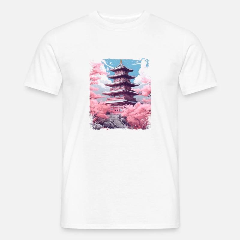 Kirschblüten-Sakura-Baum in einer Tempel-Dampfwelle - Männer T-Shirt - Weiß