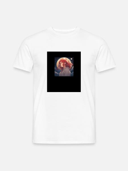 Anime, Mädchen, rote Haare, Mondschein, Träumer - Männer T-Shirt - Weiß