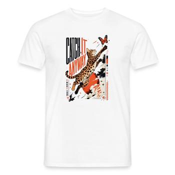 Catch It Anyway – Dynamic Bengal Cat Jump - Men's T-Shirt - white - Front - AI Model Male 178 dark (178cm)