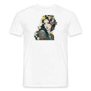 floral wreath,anime, green eyes, woman, mystical - Men's T-Shirt - white - Front - AI Model Male 178 dark (178cm)